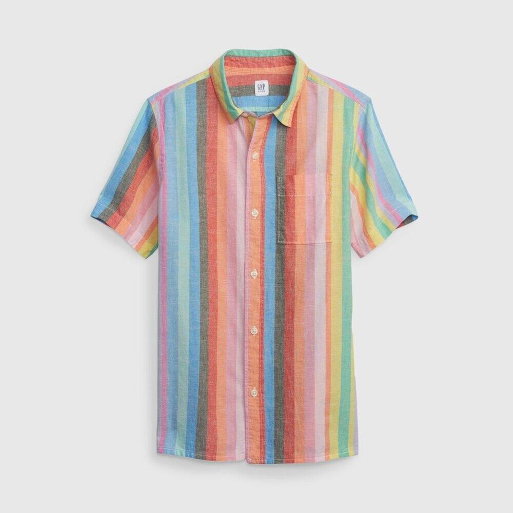 2/$30 NWT GAP Kids Linen-Cotton Oxford Shirt Button-Down Multi Medium #9682